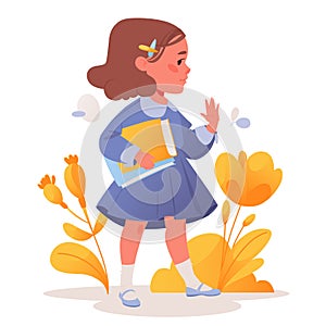 Flat cartoon cute vector illustration with little girl holding books in her hand.