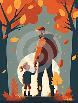 Flat cartoon dad and girl illustration in fall colors for Fathers day, National Daughter Day or World Childrens Day. Generative AI photo