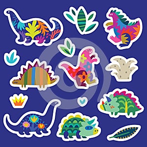 Flat cartoon dinosaurs and plants stickers set