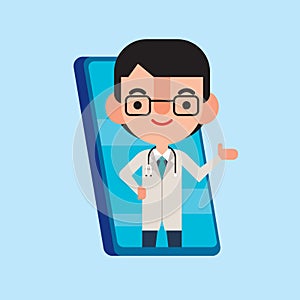 Flat cartoon doctor character popping out from mobile phone for presentation. Doctor hand pointing