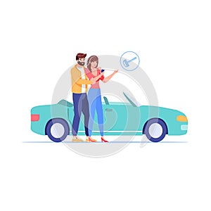 Flat cartoon family characters buy or rent car,vector illustration concept