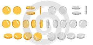 Flat cartoon gold and silver coins, set of icons at different angles for animation. Modern vector illustration