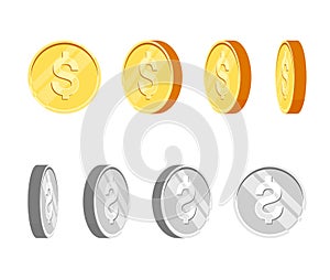 Flat cartoon gold and silver coins, set of icons at different angles for animation. Modern vector illustration.