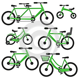 Flat cartoon green vector bicycle set