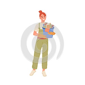 Flat cartoon happy smiling woman house worker character carrying bucket with cleaning supplies