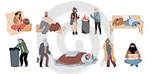 Flat cartoon homeless sad characters set,global social problem vector illustration concept