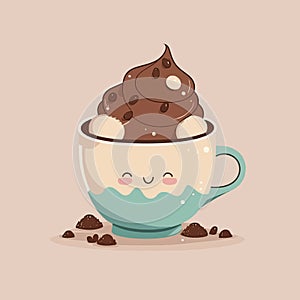 Flat cartoon illustration of cute beautiful glass cup of coffee glasse drink in pastel brown colors