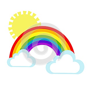 Flat cartoon illustration of rainbow with sun and clouds