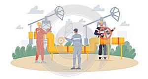 Flat cartoon industrial workers characters at oil production work,vector illustration concept