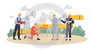 Flat cartoon industrial workers characters at oil production work,vector illustration concept