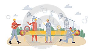 Flat cartoon industrial workers characters at oil production work,vector illustration concept