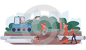 Flat cartoon industrial workers characters at pipeline construction work,vector illustration concept