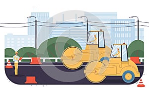 Flat cartoon industrial workers characters at road construction work,vector illustration concept