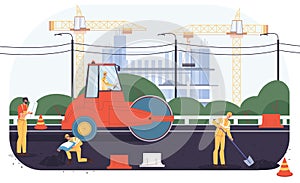 Flat cartoon industrial workers characters at road construction work,vector illustration concept