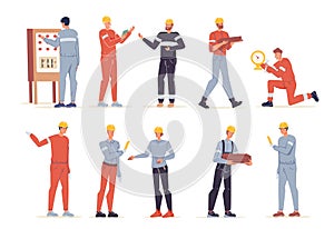 Flat cartoon industrial workers characters set,gas and oil production vector illustration concept
