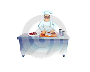 Flat cartoon man character chef cooks meal,cutting meat,professional food cooking workflow vector illustration concept