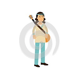Flat cartoon man hippie with guitar. Carefree male with long hair dressed in classic woodstock sixties hippy subculture
