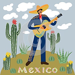 Flat cartoon of a mexican man playing guitar in sombrero against the sky with clouds surrounded by cacti and succulents