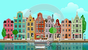 Flat cartoon multicolored colorful historic buildings city town suburb Amsterdam Holland looped animated background.