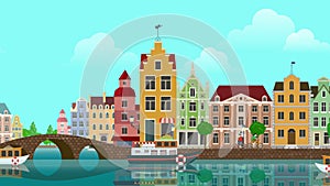 Flat cartoon multicolored colorful historic buildings city town suburb Amsterdam Holland panoramic looped animated background.