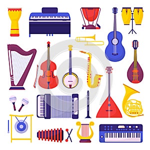 Flat cartoon musical instruments. Music instrumental clipart, composer elements. Piano and clarinet, accordion and