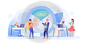 Flat cartoon office employee characters at lunch break,vector illustration concept