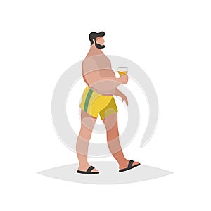 Flat cartoon overweight  chubby man on the beach. Wearing yellow shorts and black flip flops, holding beer. Trendy style vector il