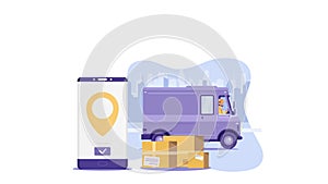 Flat cartoon purple delivery van with driver and cell phone on background with city reveal