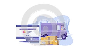 Flat cartoon purple delivery van with driver and PC on background with city reveal