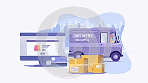 Flat cartoon purple delivery van vehicle with driver or courier and laptop or PC on background with city