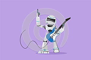 Flat cartoon style drawing modern robot guitarist perform playing electric guitar on stage. Humanoid robot cybernetic organism.