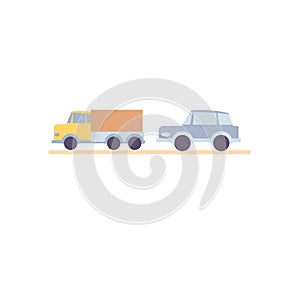 Flat cartoon truck and car,transportation and auto industry vector illustration concept