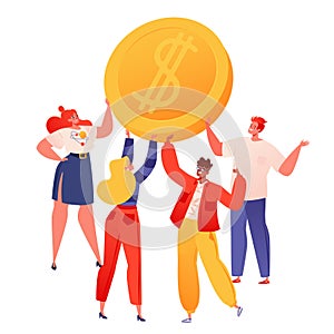 Flat cartoon vector business team holds large gold coin with dollar symbol.