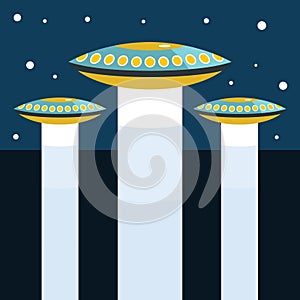 Flat cartoon vector illustration with ufo abduction on dark sky