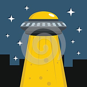 Flat cartoon vector illustration with ufo abduction on dark sky