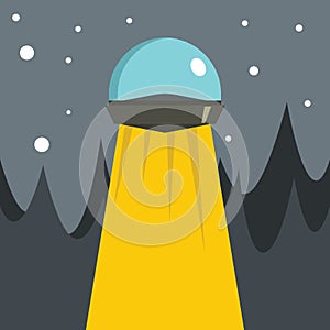 Flat cartoon vector illustration with ufo abduction on dark sky