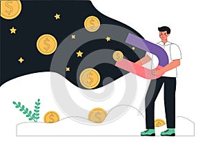 Flat cartoon vector illustration of a young businessman attracts money, dollars, gold coins with a magnet. Passive income,