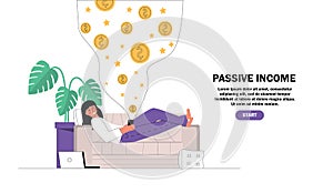 Flat cartoon vector illustration young girl resting, lying on the couch holding the mobile making money online. Passive income,