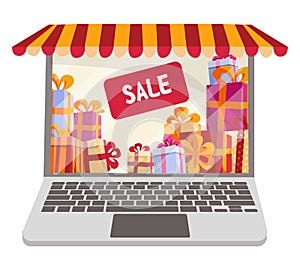 Flat cartoon vector llustration for online shopping and sales isolated on white background. Laptop decorated as shop window with
