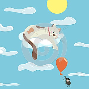 the flat cartoon white cat on the cloud and the mouse on the air balloon