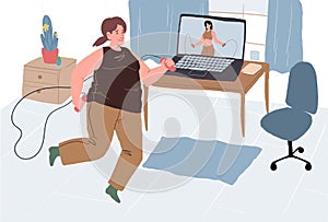 Flat cartoon woman character doing sport activities indoors,sports online app using vector illustration concept