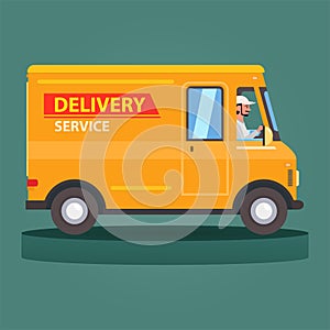 Flat cartoon yellow delivery van vehicle with driver or courier on green background.