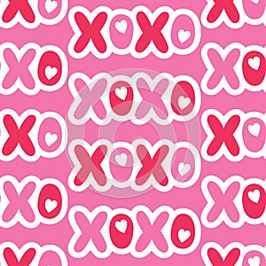 Flat Cartoonish Valentine`s Day Typography vector seamless pattern. Patch Hearts and Words. Love. XOXO