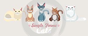 Flat cats family isolated vector set. Long banner cartoon illustration domestic cats