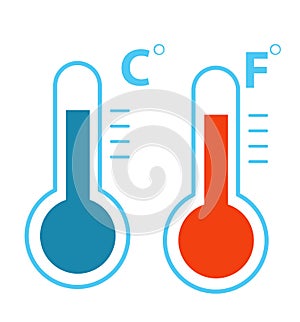 Flat celsius and fahrenheit thermometers cold and heat temperature icon vector