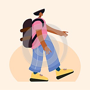 flat character design of a person walking with backpack