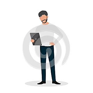 Flat character illustration businessman bring a tabs and work with standing. Suitable for all needs, such as website design,