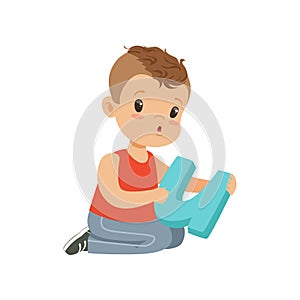 Flat character of preschool boy sitting on the floor with big letter U for diction exercises. Learning through play