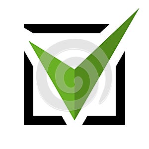 Flat checkbox icon, green tick symbol in a black square isolated on a white background.