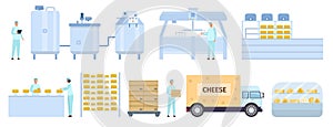 Flat cheese production manufacture factory with workers. Dairy product form process stages line. Cheese making machinery